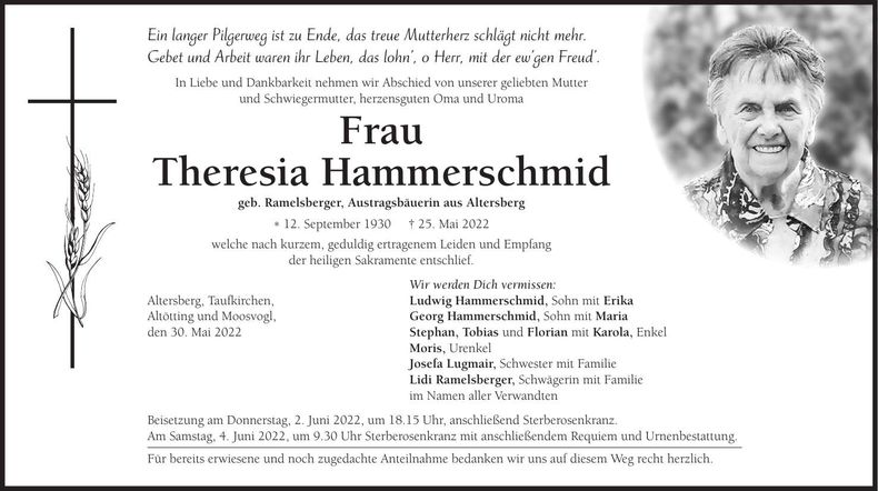 Traueranzeige Theresia Hammerschmid
