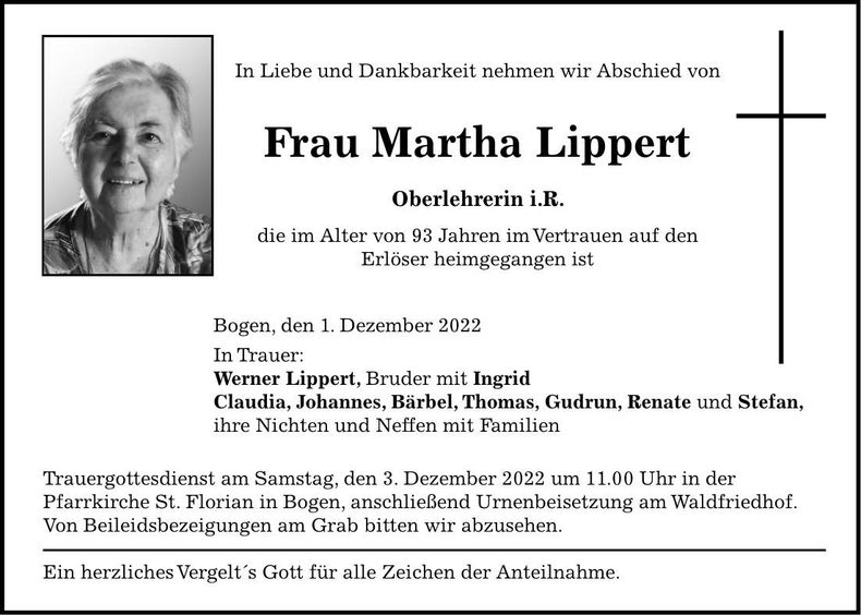 Traueranzeige Martha Lippert
