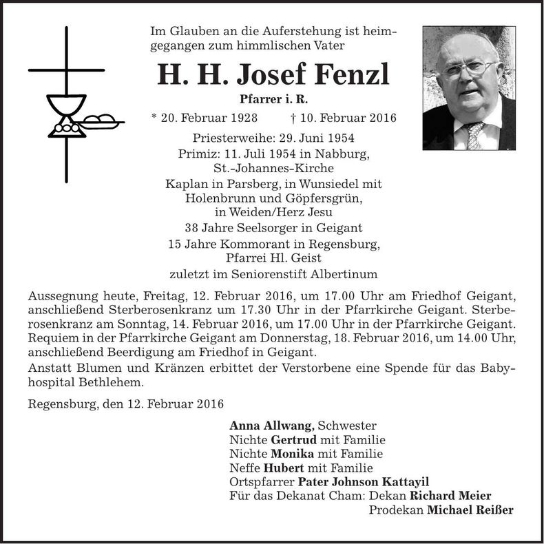 Traueranzeige Josef Fenzl