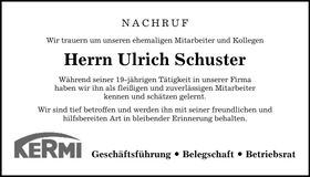Traueranzeige Ulrich Schuster