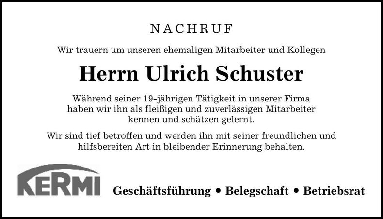 Traueranzeige Ulrich Schuster