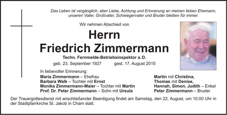 Traueranzeige Friedrich Zimmermann