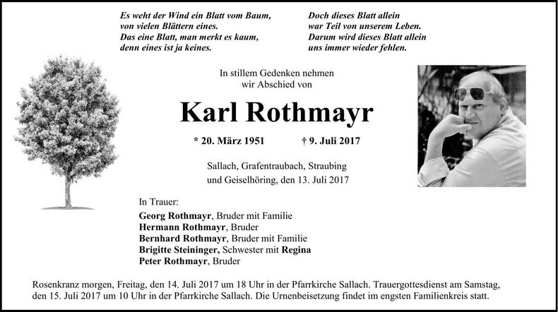 Traueranzeige Karl Rothmayr