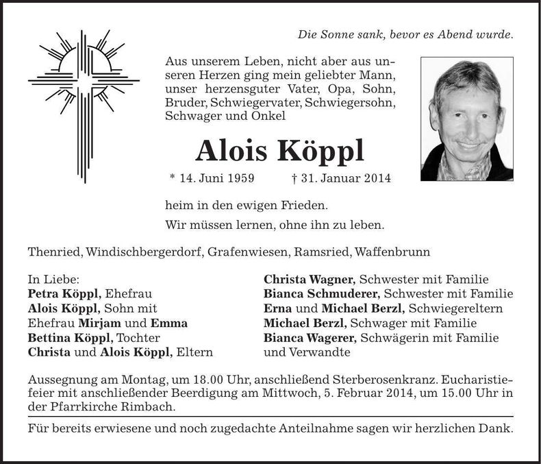 Traueranzeige Alois Köppl
