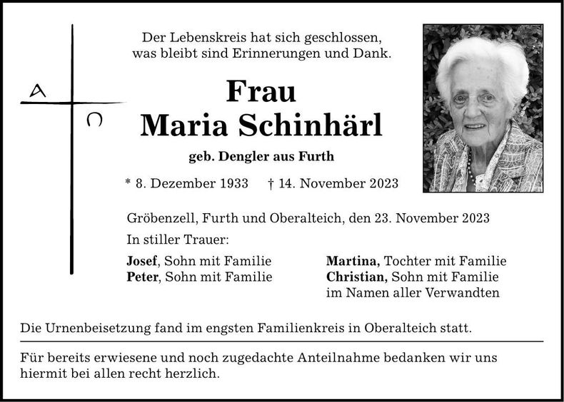 Traueranzeige Maria Schinhärl