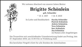 Traueranzeige Brigitte Schönlein