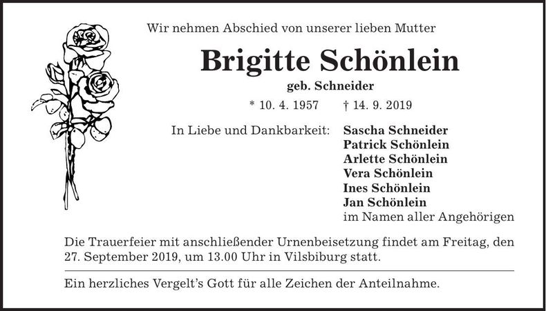 Traueranzeige Brigitte Schönlein