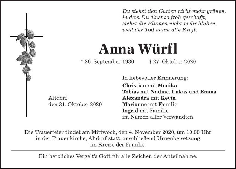 Traueranzeige Anna Würfl