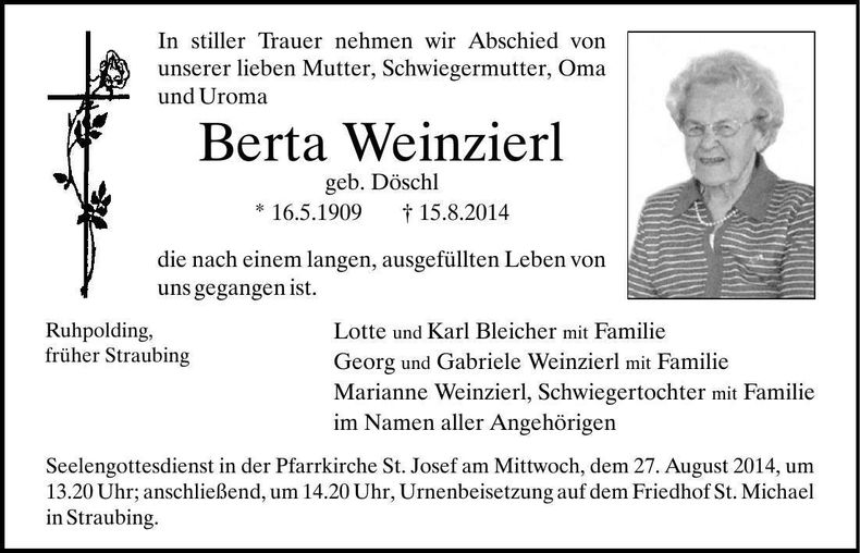 Traueranzeige Berta Weinzierl