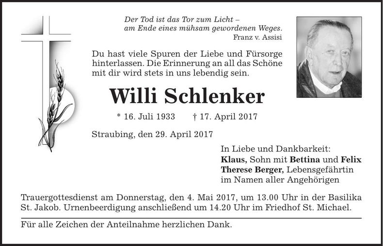 Traueranzeige Willi Schlenker