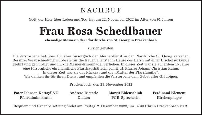 Traueranzeige Rosa Schedlbauer