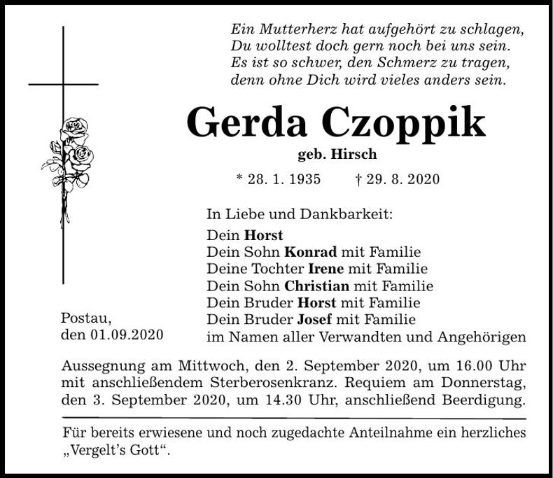 Traueranzeige Gerda Czoppik