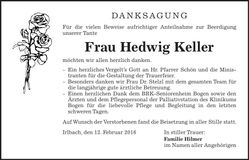 Traueranzeige Hedwig Keller