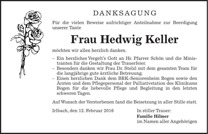 Traueranzeige Hedwig Keller