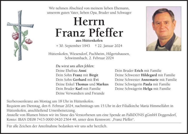 Traueranzeige Pfeffer Franz