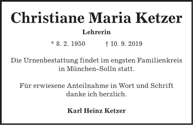 Traueranzeige Christiane Maria Ketzer