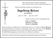 Traueranzeige Ingeborg Reiser