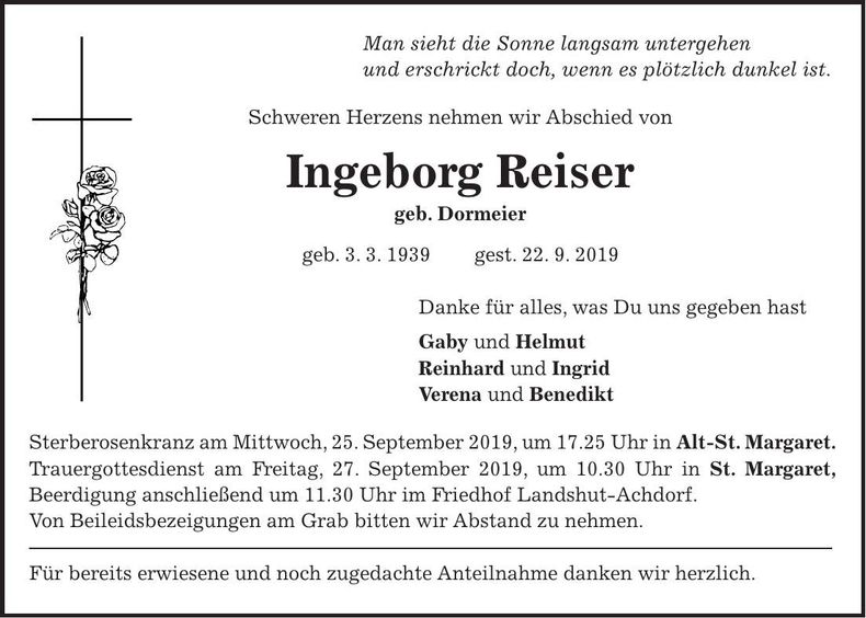 Traueranzeige Ingeborg Reiser