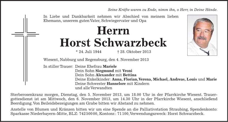 Traueranzeige Horst Schwarzbeck
