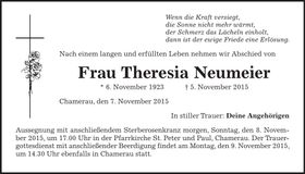 Traueranzeige Theresia Neumeier