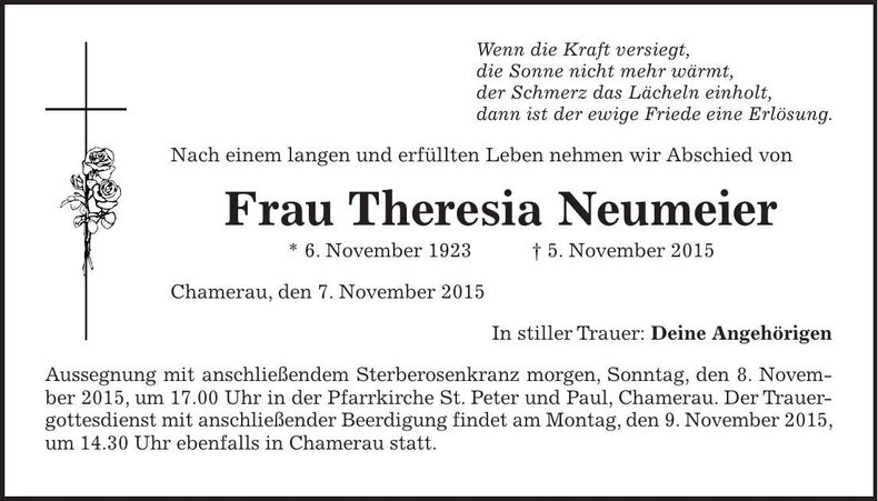 Traueranzeige Theresia Neumeier