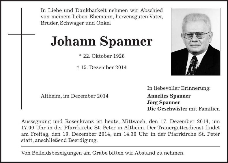 Traueranzeige Johann Spanner