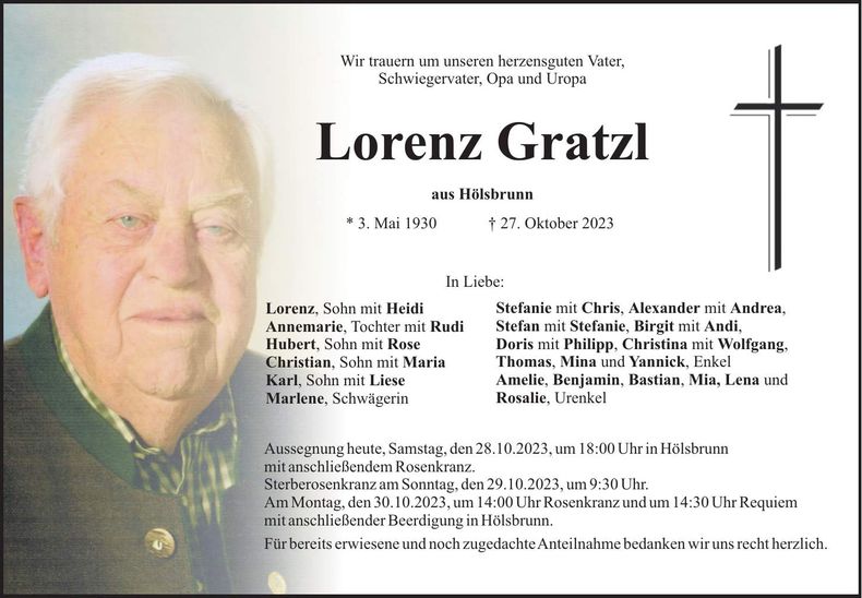 Traueranzeige Lorenz Gratzl
