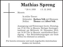 Traueranzeige Mathias Spreng