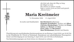 Traueranzeige Maria Kreitmeier