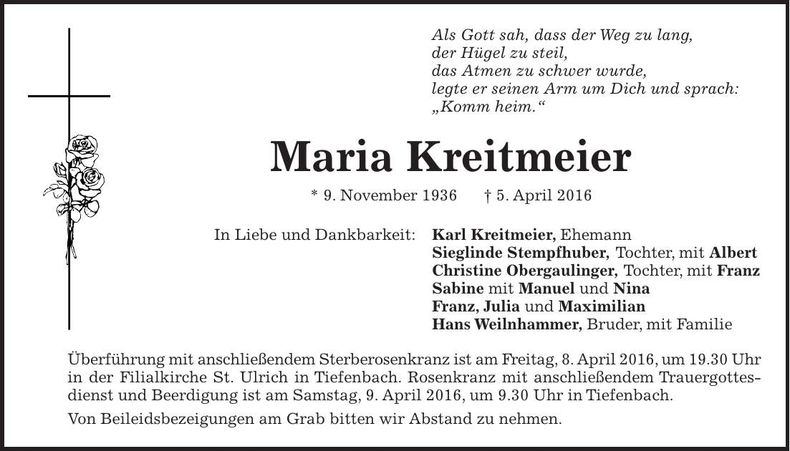 Traueranzeige Maria Kreitmeier