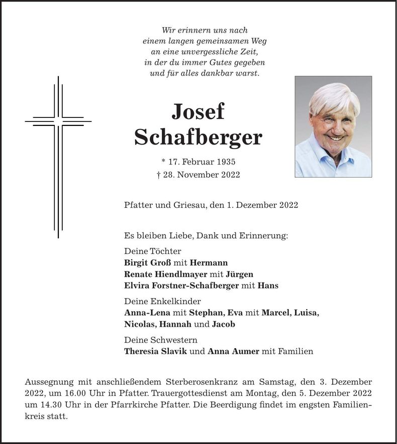 Traueranzeige Josef Schafberger
