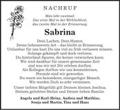 Traueranzeige Sabrina Kandler