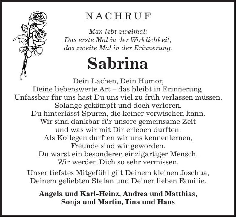Traueranzeige Sabrina Kandler