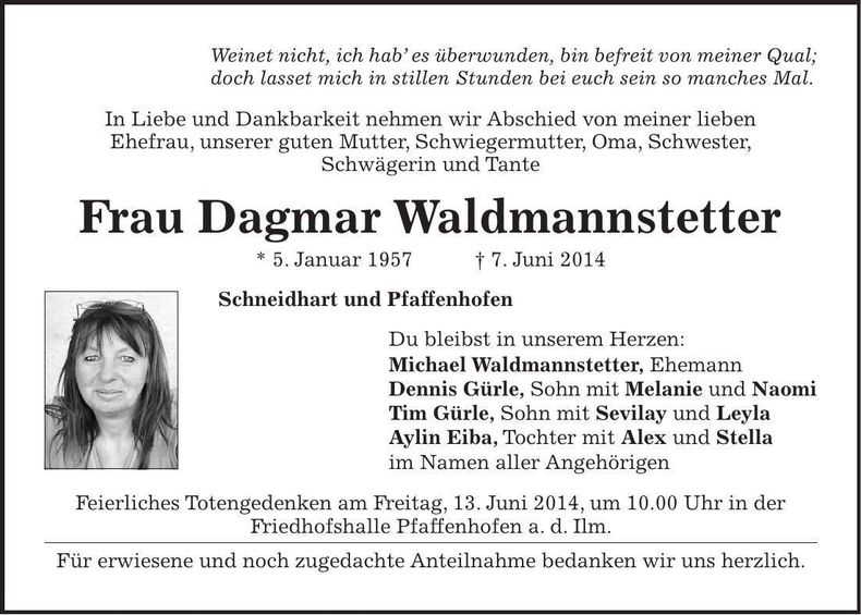 Traueranzeige Dagmar Waldmannstetter