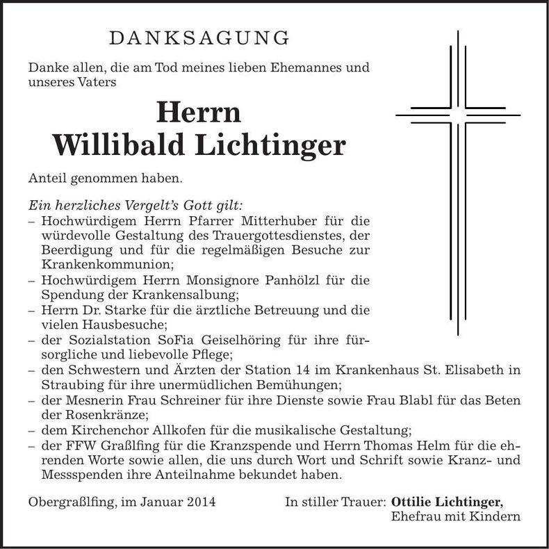 Traueranzeige Willibald Lichtinger