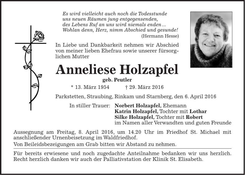 Traueranzeige Anneliese Holzapfel