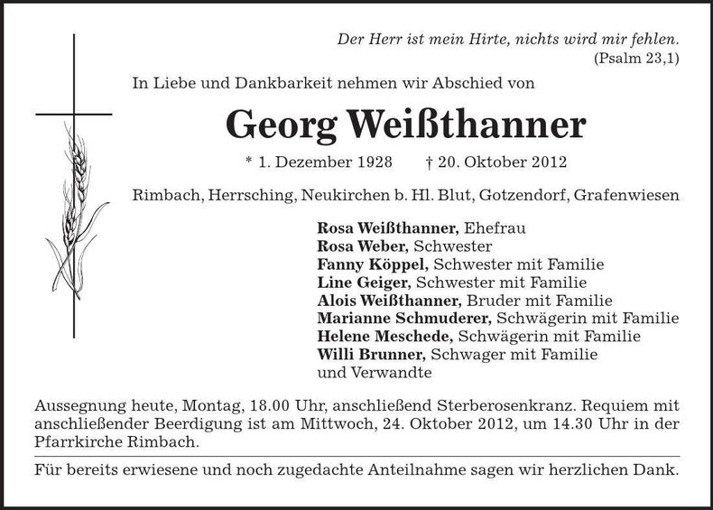 Traueranzeige Georg Weißthanner