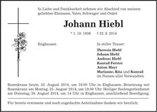 Traueranzeige Johann Hiebl