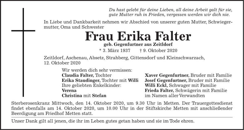Traueranzeige Erika Falter