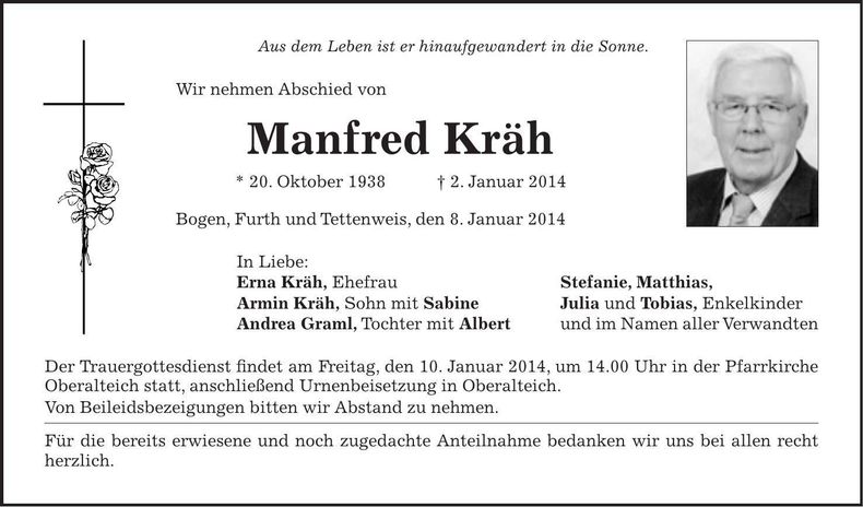 Traueranzeige Manfred Kräh
