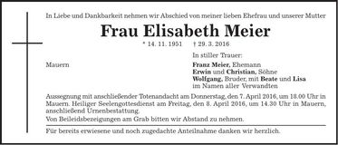 Traueranzeige Elisabeth Meier
