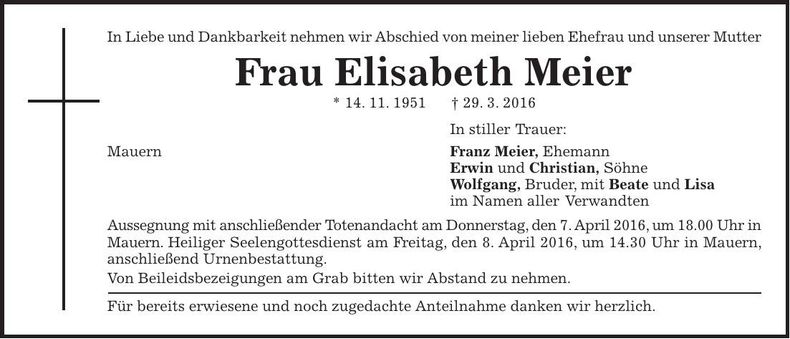 Traueranzeige Elisabeth Meier