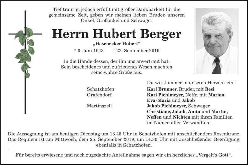 Traueranzeige Hubert Berger