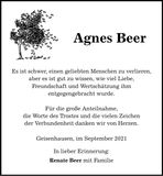 Traueranzeige Agnes Beer