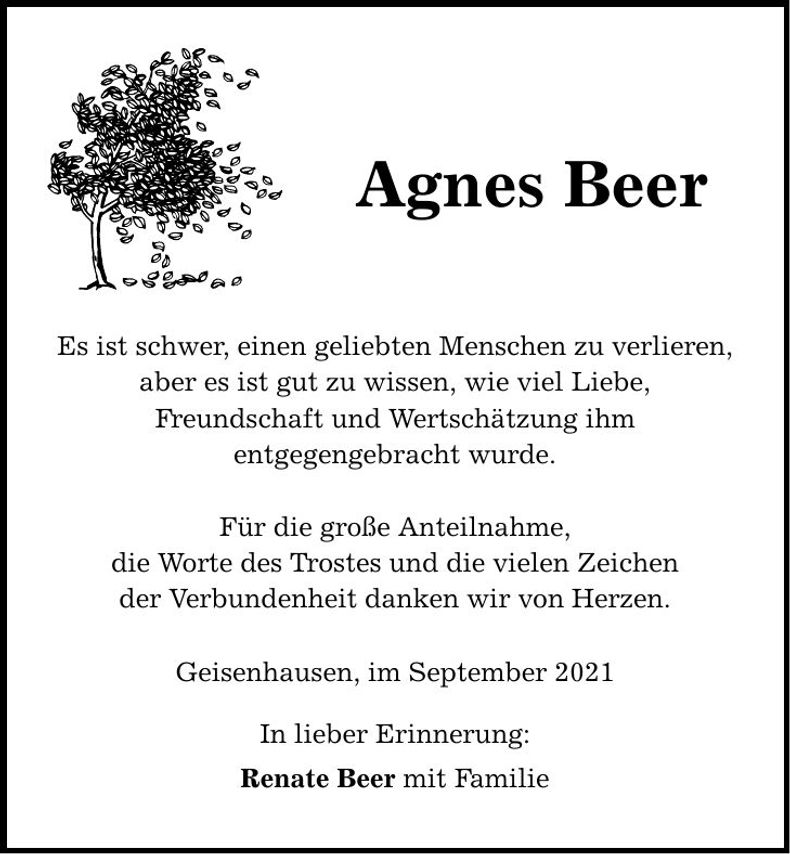 Traueranzeige Agnes Beer