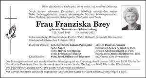 Traueranzeige Franziska Brey