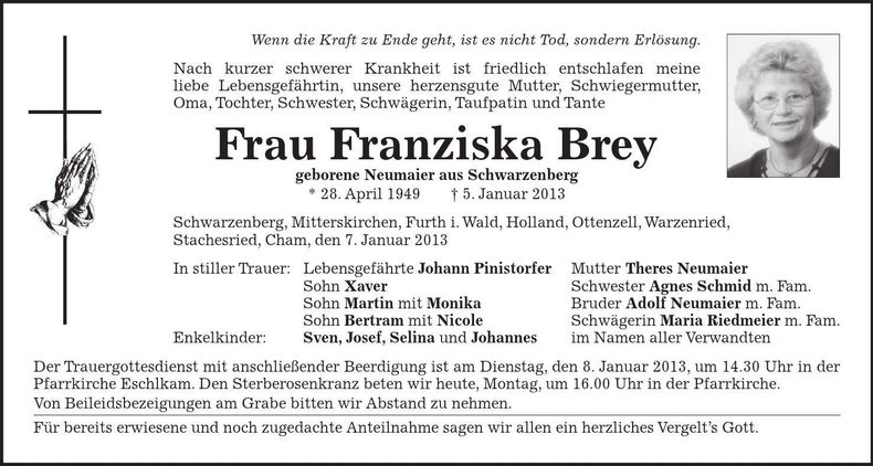 Traueranzeige Franziska Brey