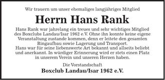 Traueranzeige Johann Rank