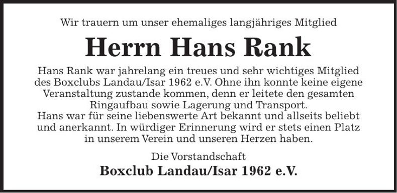 Traueranzeige Johann Rank