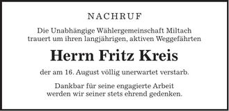 Traueranzeige Fritz Kreis